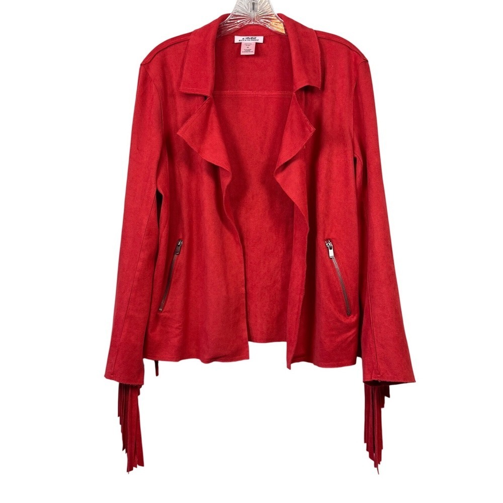 Back In The Saddle Red Faux Suede Fringe Western Jacket Womens Medium Open Front